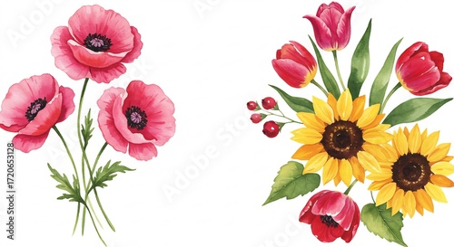 Papaveri rossi teneri tulipani gialli soleggiati acquarello floreale. AI Generated