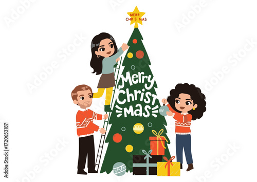 A joyful family working together to decorate their festive Christmas tree, with one person on a ladder placing the star on top in preparation for the holiday season