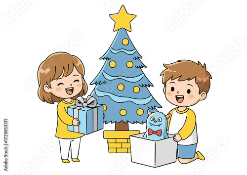 Christmas spirit happy children unwrapping presents near a decorated tree, celebrating the holiday season with joy and excitement, creating cherished memories together