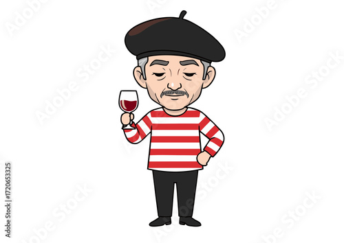 Charming cartoon character with a beret and striped shirt, enjoying a glass of red wine, embodying a relaxed, sophisticated, and somewhat stereotypical European artistic vibe