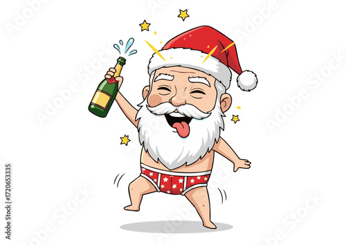 A merry and slightly tipsy Santa Claus, wearing his iconic hat and red briefs, celebrates with a bottle of champagne, his tongue out and eyes sparkling with festive cheer, ready for the holiday season