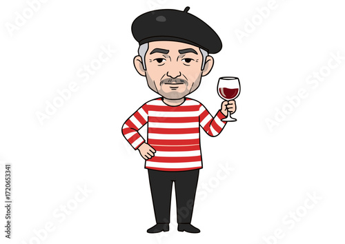 Whimsical cartoon depiction of a charming senior gentleman, dressed in classic French-inspired attire with a beret and striped shirt, cheerfully toasting with a glass of red wine