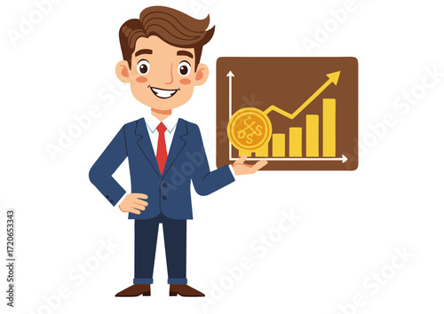 Illustration of a confident businessman in a blue suit and red tie presenting a financial chart with a gold coin on top, symbolizing growth and success in business and investment strategies
