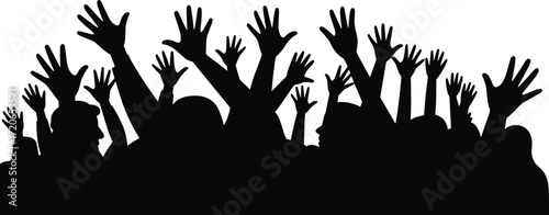 Crowd silhouette vector, raised hands celebration, black and white people group illustration, unity, protest, concert, rally, excitement, participation, event scene