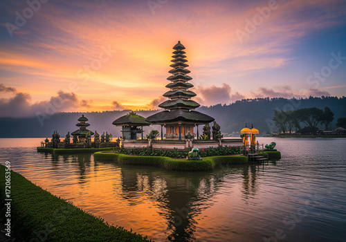 Pura Ulun Danu Beratan, the majestic floating Hindu temple on Lake Beratan, Bedugul, Bali, Indonesia, beautifully reflected against the vibrant colors of sunset/sunrise.