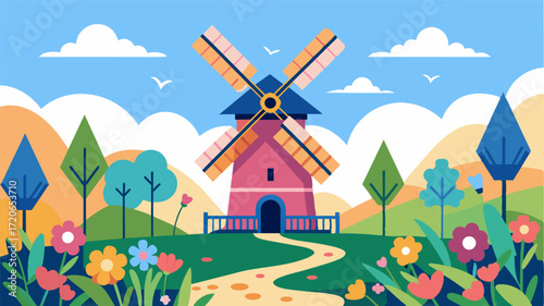 A garden filled with blooming flowers providing a serene atmosphere for outdoor work sessions at the windmill.. Vector illustration