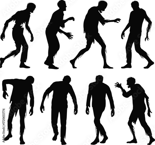 Set of Creepy Zombie Silhouettes in Hunched Poses for Halloween, Horror, Apocalypse, Undead, Game Design, and Scary Vector Art