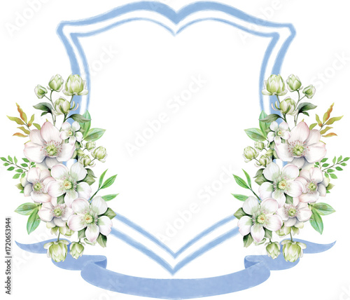 hand drawn watercolor wedding crest, a blue shield frame decorated with white flowers and green leaves, ideal for wedding invitations, logos, and elegant designs.