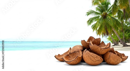 Cocchi di cocco secchi brillano luce solare spiaggia tropicale. AI Generated