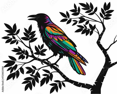Crow on branch silhouette illustration isolated on white background