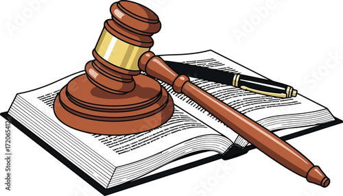 Judgement gavel on open book with pen symbolizing justice law and legal decisions vector