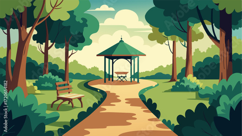 A treelined path leading to a secluded gazebo surrounded by lush foliage and equipped with a sy wooden table and a comfortable chair for outdoor work.. Vector illustration