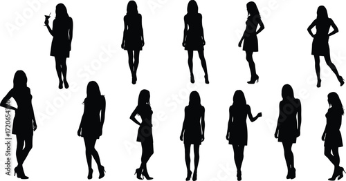 Silhouette of women standing, fashion female group, elegant poses, cocktail dress design, black vector illustration, stylish people, modern lifestyle concept