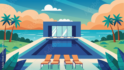 A tropical villa with an infinity pool is the setting for a conference call with the sound of waves crashing just beyond the open doors.. Vector illustration