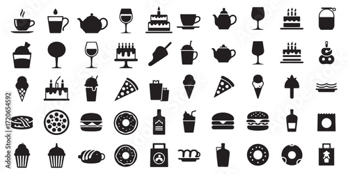 Solid black silhouette icon set of food and drinks elements, including coffee cup, teapot, cake, ice cream and more, bold flat vector shapes, clean modern style, professional design.