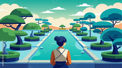 Amidst rows of neatly trimmed bonsai trees a freelancer finds inspiration for their latest project as they gaze out at the tranquil pond in the center of the garden.. Vector illustration