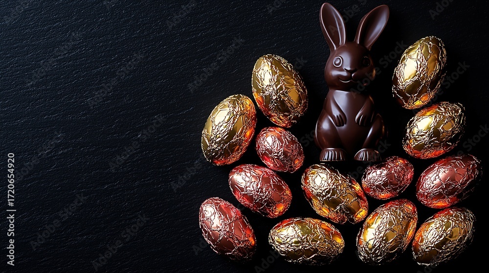 Obraz premium Dark Chocolate Easter Bunny with Golden-Red Foil Eggs on Dark Background (High-end Easter Plating & Marketing Poster Material)