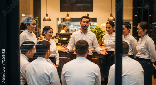 Restaurant manager briefing team before service