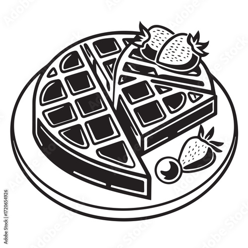 A delectable waffle, isolated on white background, adorned with fresh strawberries and a glistening pearl of syrup, rests invitingly on a pristine plate, promising a delightful culinary experience