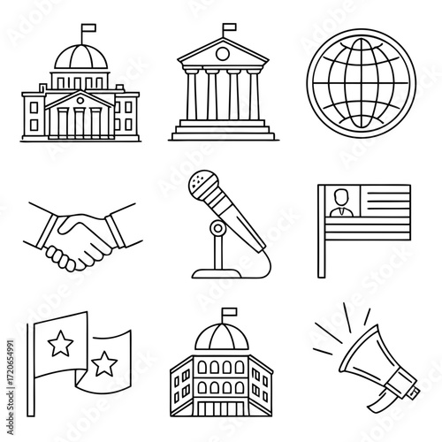 “Minimal outline government icons — parliament building, flag, podium, microphone, voting ballot, handshake, globe, embassy, megaphone — thin stroke vector style.”