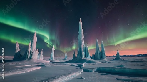 Enchanting Northern Lights illuminate majestic ice formations under a vibrant polar night sky, showcasing a breathtaking natural phenomenon in a serene winter landscape