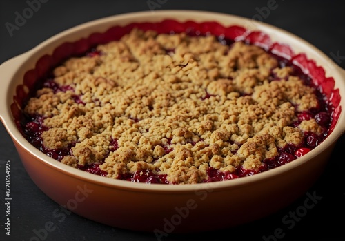 Baked berry crumble in a ceramic dish