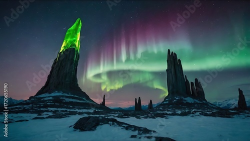 Aurora Borealis over snow-covered landscape with rock formations