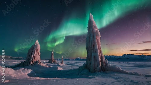 Icelandic Aurora Ice Formations Under the Northern Lights