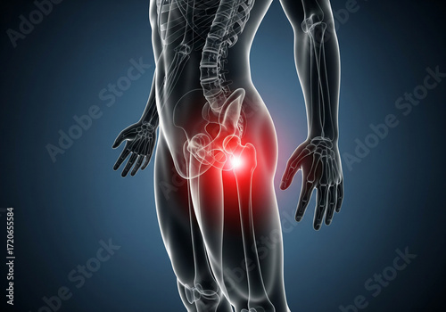 Human skeleton x-ray anatomy showing pain localized in pelvic hip groin area with highlighted musculoskeletal discomfort