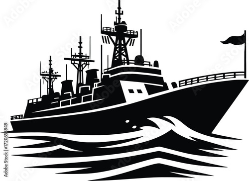 black and white illustration, ship, boat, warship, military vessel, waves, water, navy, sea, monochrome, vector graphic
