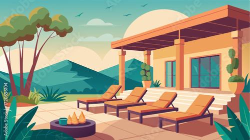 A spacious outdoor patio with comfortable lounge chairs providing the perfect spot to take a break and enjoy the peaceful ambiance of the villa.. Vector illustration