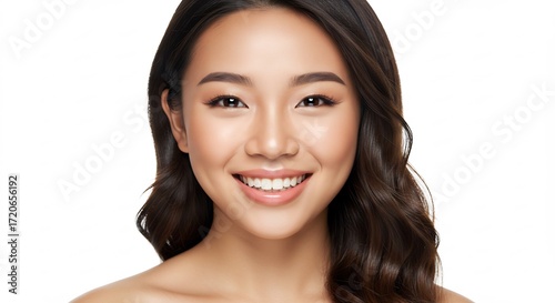 Donna sorridente luce naturale capelli scuri onde morbide bellezza viso. AI Generated