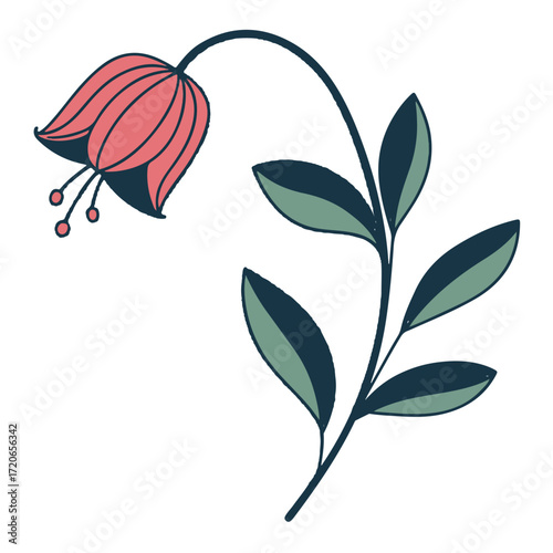 Illustration of a delicate pink flower with a curved stem and green leaves, isolated on white background, showcasing its simple yet elegant design, perfect for botanical or naturethemed projects
