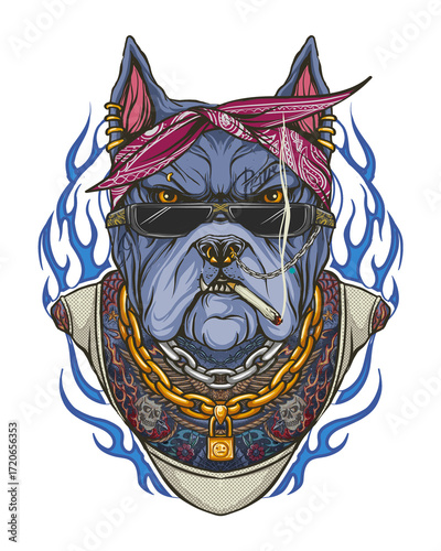 Gangster Bulldog with bandana, sunglasses, and gold chain.
