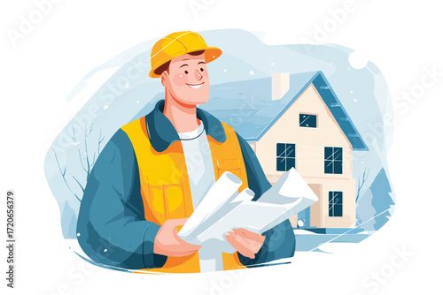 Smiling construction worker reviewing blueprints, winter house project.