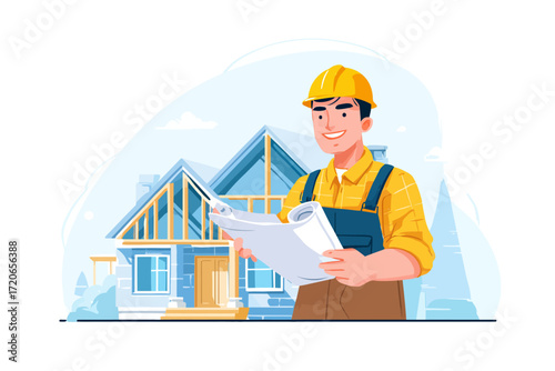 Smiling construction worker reviewing blueprints, new home under construction in background.