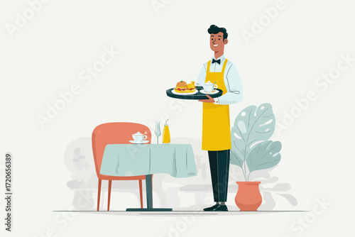 Smiling waiter carries breakfast tray to restaurant table.