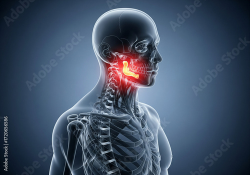 Human skeleton x-ray illustration focusing on highlighted pain radiating in the side jaw ear and upper neck area