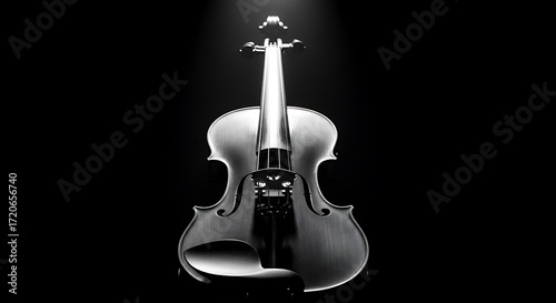 A meticulously detailed,  shot violin, highlighted by dramatic lighting, creating a striking black and white aesthetic.
