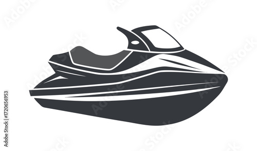 Stylized illustration of a dark blue and white personal watercraft