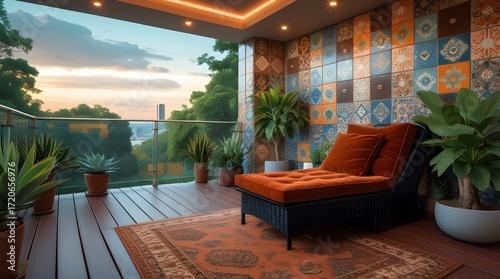 A cozy balcony lounge with orange accents, patterned wall tiles, potted plants, and a scenic green view under warm ceiling lights.