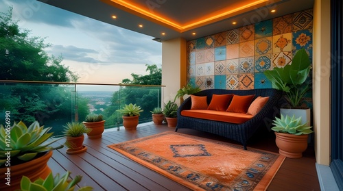 A cozy balcony lounge with orange accents, patterned wall tiles, potted plants, and a scenic green view under warm ceiling lights.