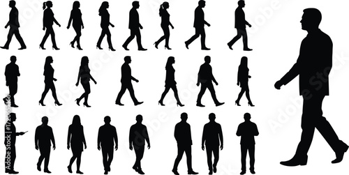 Walking people silhouette, man and woman outline, business figures walking, casual walking pose, urban lifestyle design, human character illustration