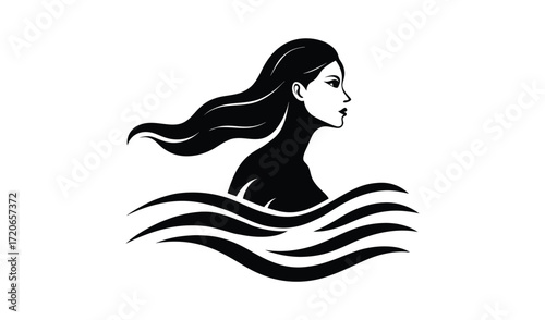 Stylized black and white illustration of a woman emerging from wavy water