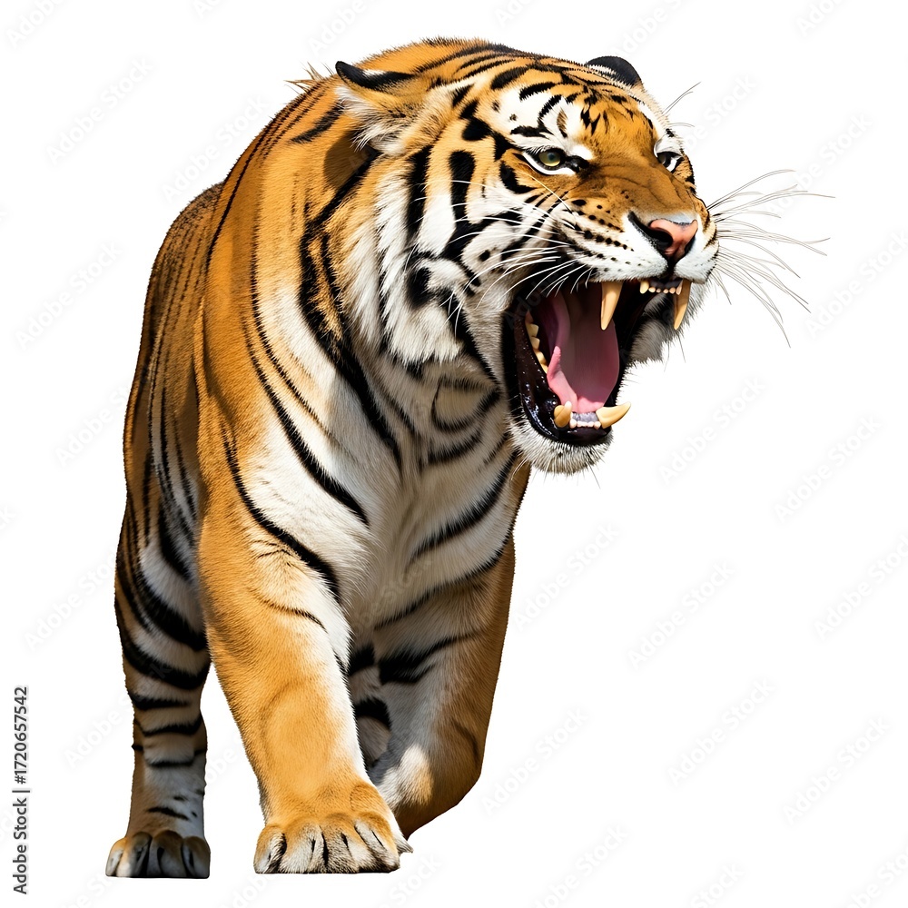 Obraz premium A magnificent tiger, roaring fiercely, strides confidently against a plain white background.