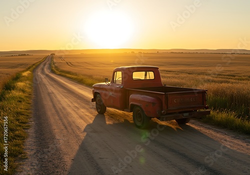 Vintage pickup truck on country road at sunrise