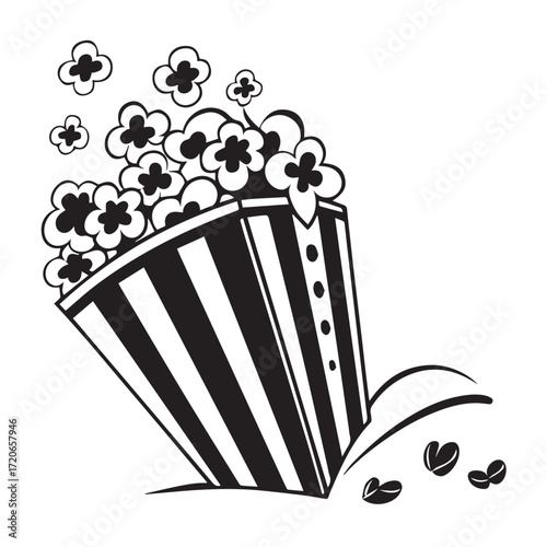 Illustration of a popcorn container with kernels spilling out, isolated on white background, depicting a classic snack associated with movies and entertainment