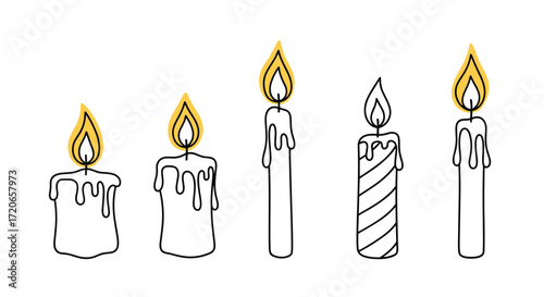 Illustration of five burning candles with dripping wax in a whimsical style.