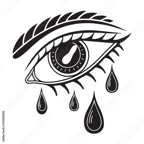 A stylized eye with teardrops, isolated on white background the eye is rendered in a bold, graphic style, with thick lines and sharp details, creating a striking and symbolic image of sadness