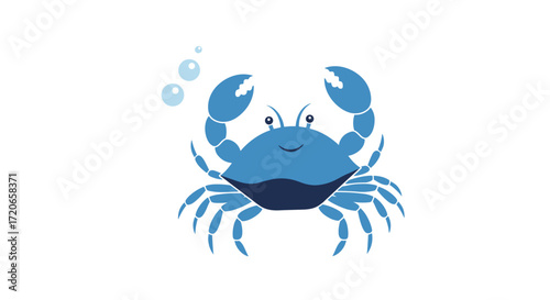 An adorable blue crab with happy eyes and bubbles floating near its claws underwater.